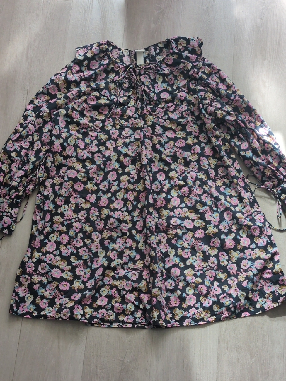 H&M Black Floral Tie-Front Dress with Pink and Blue Flowers